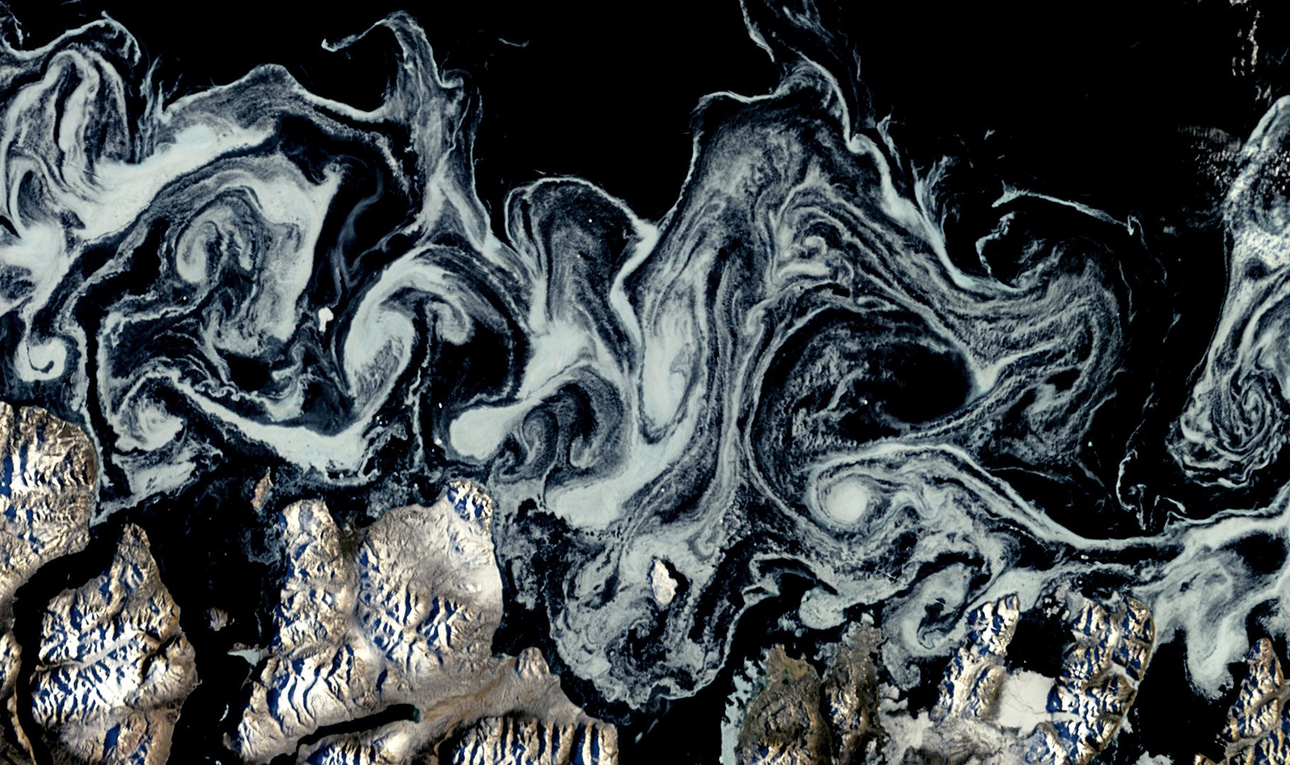 Sea ice along the eastern coast of Greenland. Sentinel-3 image acquired on 25 September 2020. Sea ice is of capital importance in climate dynamics as it reflects most of the solar radiation that it receives, thus affecting the average albedo of the earth, and also because it interposes a solid layer between the ocean and the atmosphere which reduces the free transfer of heat and moisture between the two. The Copernicus Sentinel-3 mission allows to develop innovative applications for sea ice monitoring, thanks to the onboard instruments that are able to retrieve accurate information about sea ice extent, temperature and thickness.