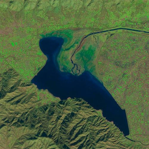 Lake Kerkini in Northern Greece seen from Space. It is one of the Ramsar Convention wetlands. The seasonal differences are impressive as seen in the three acquisitions by Sentinel-2 on 15/12/2019 (left), 8/4/2020 (middle) and 7/6/2020 (right).