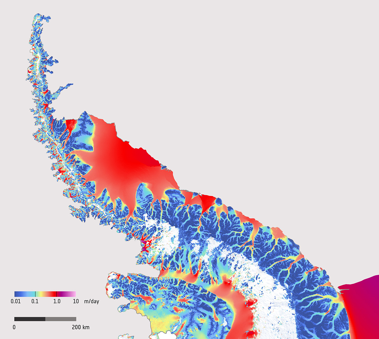 Cette image montre l'utilisation des données de la mission Copernicus Sentinel-1 pour la cartographie régulière et la surveillance de la vitesse de surface des glaciers et des calottes glaciaires. La combinaison de Sentinel-1A et -1B permet une surveillance complète et à long terme des changements de vitesse de la calotte glaciaire et de leur réaction au changement climatique.