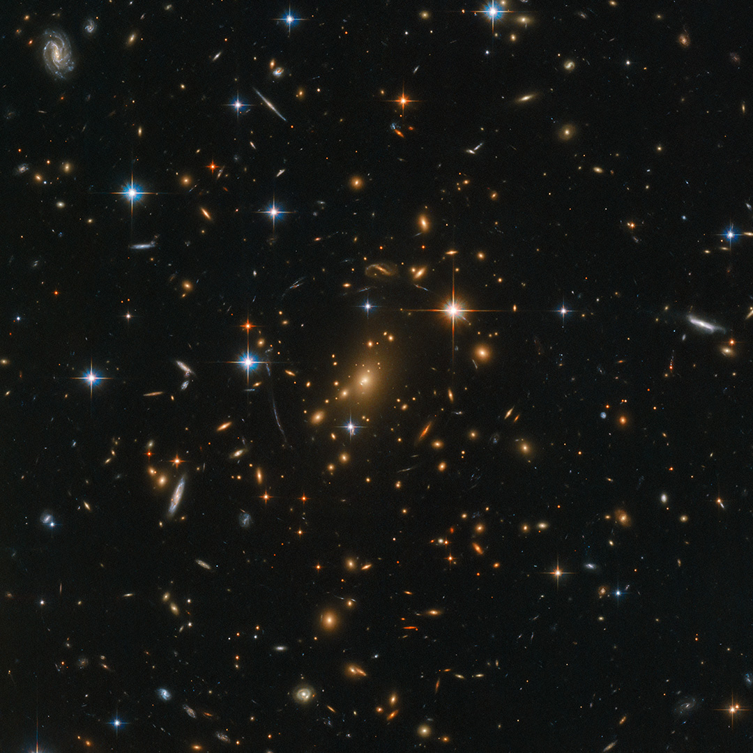 Galaxies abound in this spectacular Hubble image; Galaxy clusters are some of the most interesting objects in the cosmos. They are the nodes of the cosmic web that permeates the entire Universe — to study them is to study the organisation of matter on the grandest of scales. Not only are galaxy clusters ideal subjects for the study of dark matter and dark energy, but they also allow the study of farther-flung galaxies.