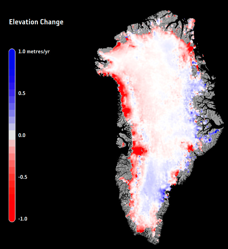 Cette image montre le changement d'altitude annuel de la calotte glaciaire du Groenland en 2015, en utilisant un enregistrement de 25 ans de données satellitaires de l'ESA. Des recherches récentes montrent que le rythme auquel le Groenland perd de la glace s'accélère. Ce travail de recherche, publié dans Earth and Planetary Science Letters, utilise les données altimétriques radar recueillies par les missions ERS, Envisat et CryoSat entre 1992 et 2016.