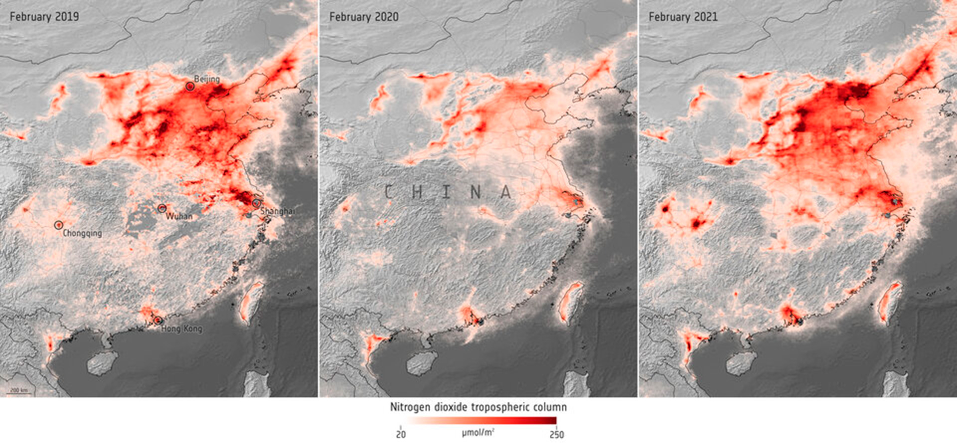 In early 2020, data from satellites were used to show a decline in air pollution coinciding with nationwide lockdowns implemented to halt the spread of COVID-19. One year later, as lockdown restrictions ease in some countries and regular activity resumes, nitrogen dioxide levels are bouncing back to pre-COVID levels. (source: www.esa.int).