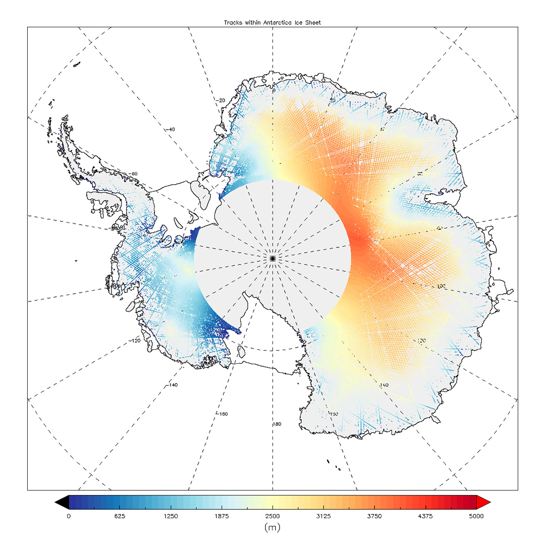Sentinel-3A fournit des mesures de topographie précises sur la banquise, les calottes glaciaires, les rivières, les lacs et les terres. Comme le montre cette image de l'Antarctique, l'altimètre radar est également important pour mesurer les changements de hauteur de la glace terrestre.