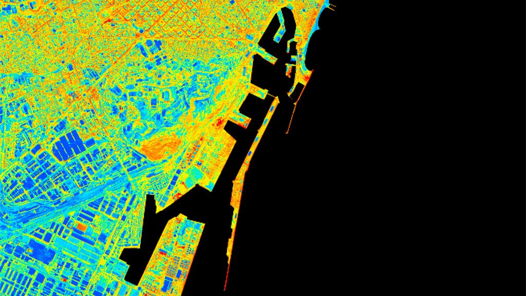 Space earth observation data are complemented with aerial socio-economic data and urban climate models to generate population vulnerability maps. In this image, we see land surface temperatures over Barcelona at very high spatial resolution (2 m.)