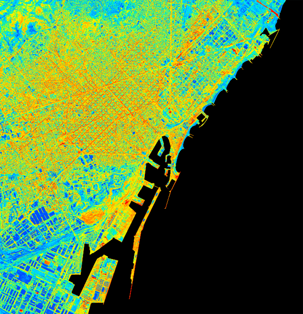 Les données d'observation spatiale de la Terre sont complétées par des données socio-économiques aériennes et des modèles de climat urbain pour générer des cartes de vulnérabilité des populations. Sur cette image, nous voyons les températures de surface terrestre au-dessus de Barcelone à très haute résolution spatiale (2 m.)