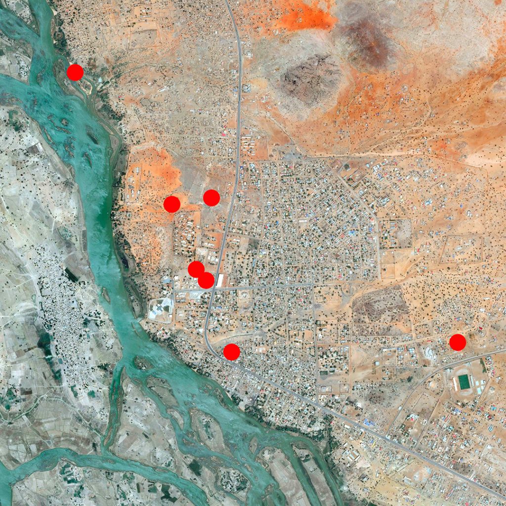 On this image taken by Pléiade satellite of CNES on April 4, 2021 the schools of town of Tillabéri in Niger are marked in red.