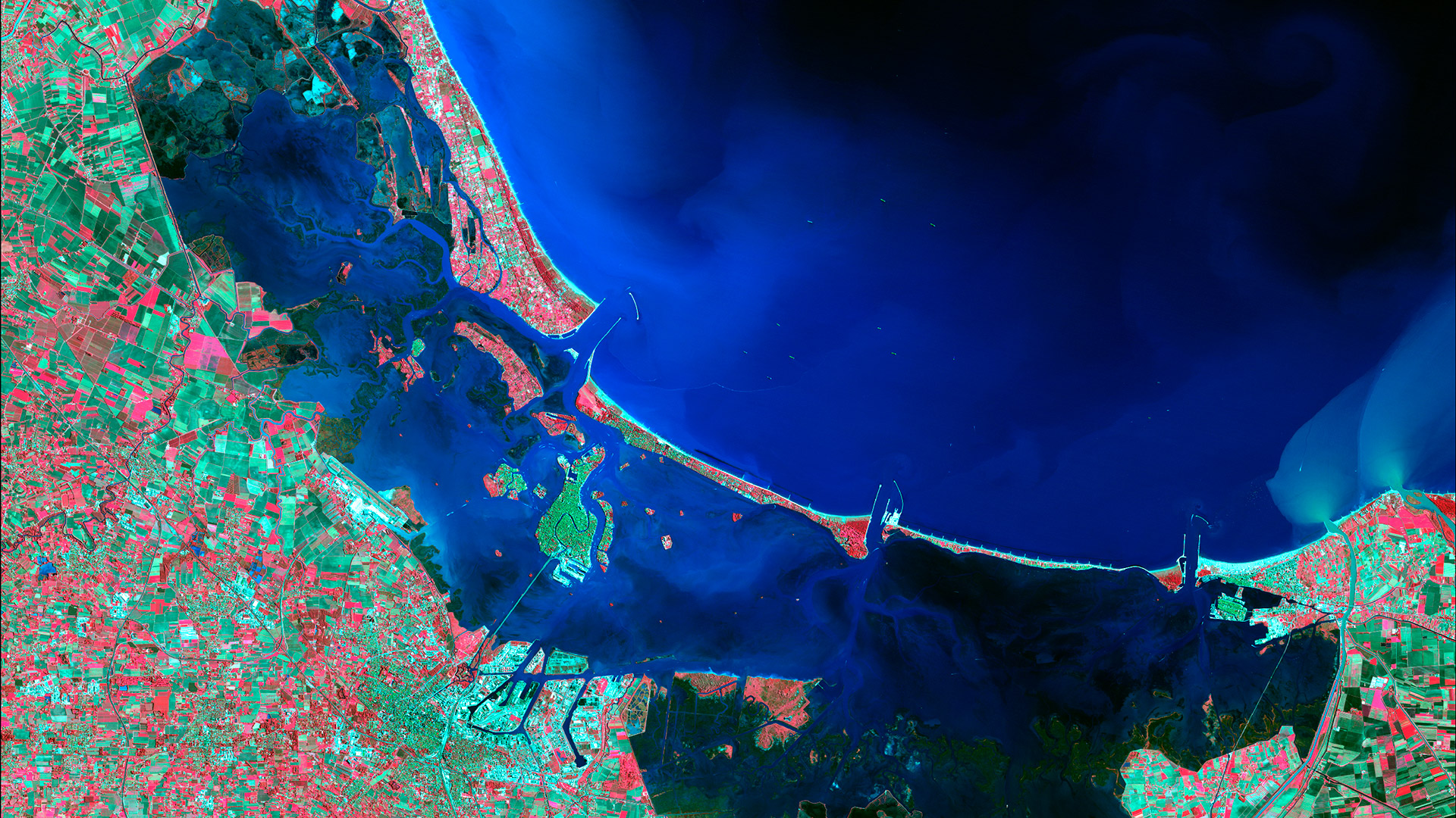 Venice, Italy Image of the Venetian Lagoon, showing the elevated water level before the 14 of November 2019 Flood. Copernicus Mission Sentinel-2