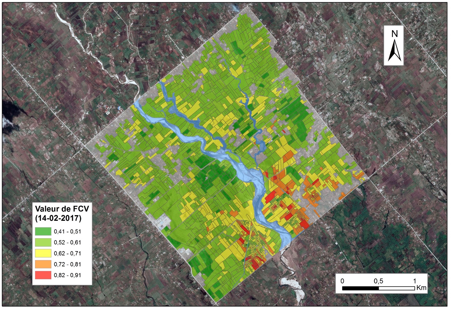 Estimation of vegetation cover using a SPOT-7 image taken 14/02/2017.
