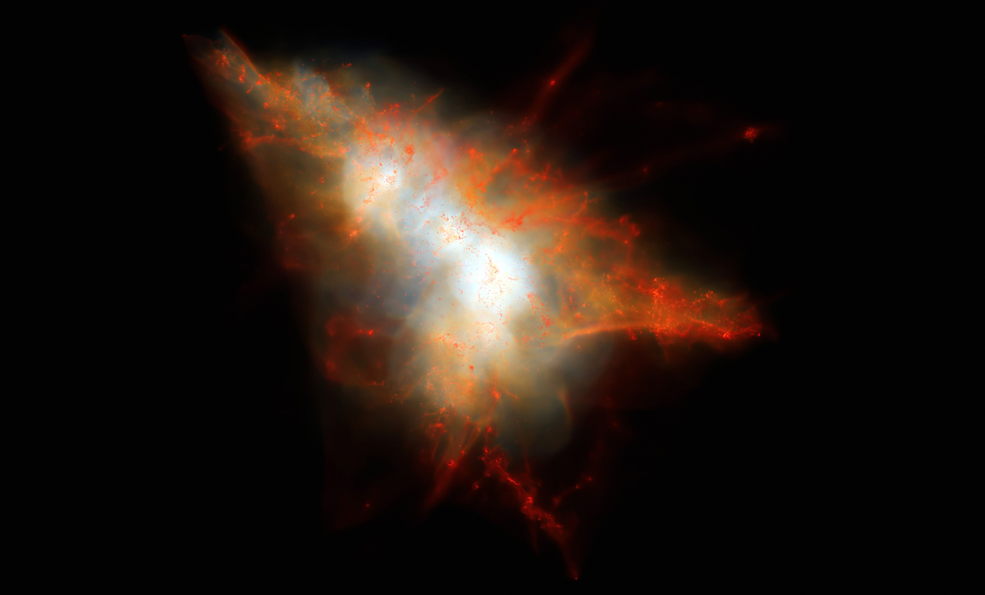This rendering shows a snapshot from a cosmological simulation of a Lyman-alpha Blob similar to LAB-1. This simulation tracks the evolution of gas and dark matter using one of the latest models for galaxy formation running on the NASA Pleiades supercomputer. This view shows the distribution of gas within the dark matter halo, colour coded so that cold gas (mainly neutral hydrogen) appears red and hot gas appears white. Embedded at the centre of this system are two strongly star-forming galaxies, but these are surrounded by hot gas and many smaller satellite galaxies that appear as small red clumps of gas here. Lyman-alpha photons escape from the central galaxies and scatter off the cold gas associated with these satellites to give rise to an extended Lyman-alpha Blob.