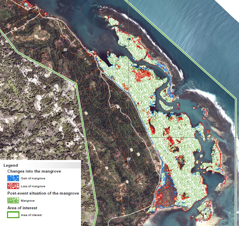 Evolution of the Pointe Abacou mangrove, Haiti, Pleiades The many storms and hurricanes that descend on the Haitian coast from year to year modify the coastline and their violent winds ravage forests. Satellite imagery has been following the evolution of the mangrove so as to identify current trends. It alerts local authorities to regulate human presence in such high-growth areas and provides support for reforestation campaigns.