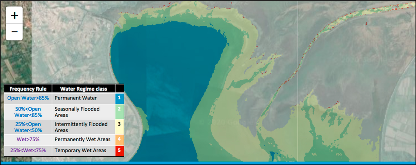 Détail de la carte du régime hydrique du lac Kerkini. La taille des pixels est de 10 m. Le régime hydrique de toutes les zones humides de la Méditerranée balkanique a été cartographié avec cette précision.