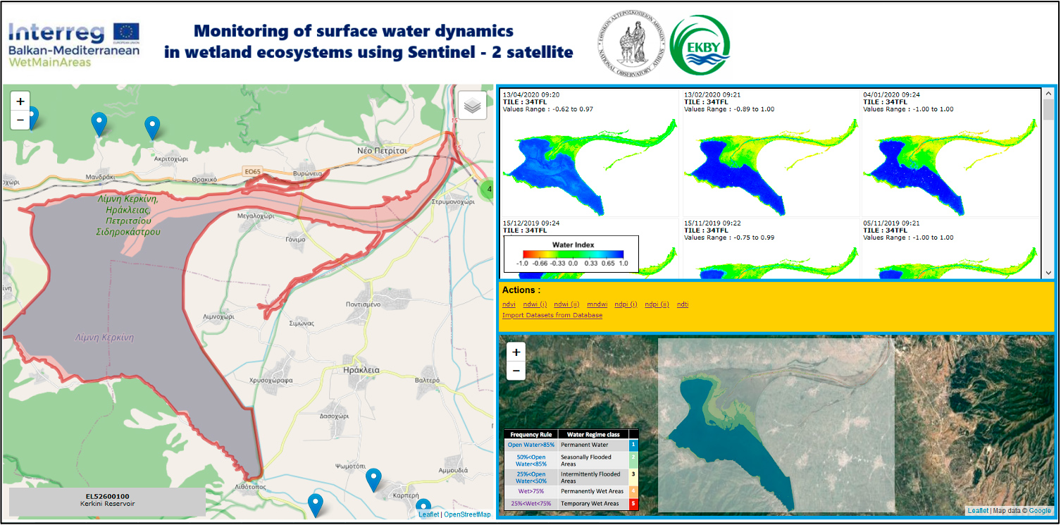 Tableau de bord pour le suivi du régime hydrique des zones humides depuis l'Espace. Sur la gauche, l'utilisateur peut trouver la zone humide qui l'intéresse parmi plus de 8600 zones humides.