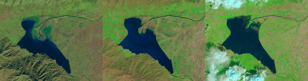 Le lac Kerkini dans le nord de la Grèce vu depuis l'Espace. C'est l'une des zones humides de la Convention de Ramsar. Les différences saisonnières sont impressionnantes comme on le voit dans les trois images de Copernicus Sentinel-2 le 15/12/2019 (à gauche), 8/4/2020 (au milieu) et 7/6/2020 (à droite).