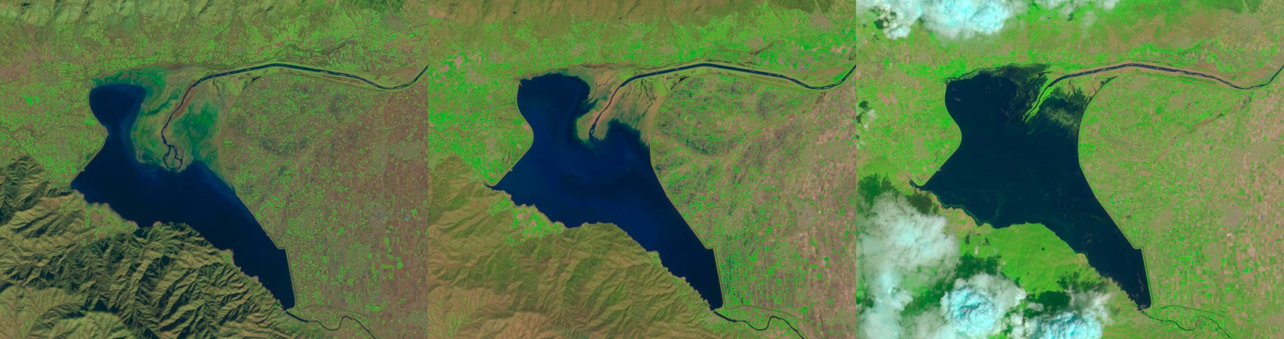 Lake Kerkini in Northern Greece seen from Space. It is one of the Ramsar Convention wetlands. The seasonal differences are impressive as seen in the three acquisitions by Sentinel-2 on 15/12/2019 (left), 8/4/2020 (middle) and 7/6/2020 (right).