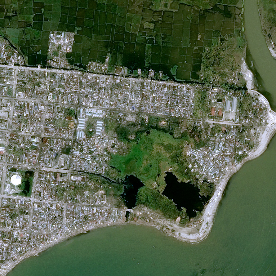 The city of Cayes viewed by a CNES Pléiades statellite, 7 October 2016 in the wake of Hurricane Matthew.