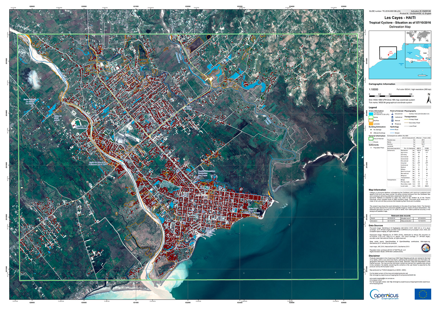 Etat du bâti post-ouragan Les Cayes, Haïti, Pleiades Lors du passage de l’ouragan Matthieu en Haïti de nombreux bâtiments ont été détruits ou lourdement affectés, forçant plus de 175 500 personnes à se réfugier dans l’un des 224 abris temporaires. L'imagerie satellite a été un support essentiel lors de la phase d’urgence mais également pour la reconstruction de l'habitat.