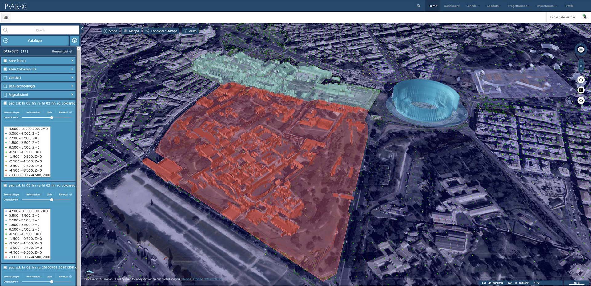 Vue du parc archéologique du Colisée à Rome prise par le satellite italien ASI, Cosmo-SkyMed. Les données satellitaires sont utilisées pour créer des modèles prédictifs des risques de dommages pour notre patrimoine archéologique et pour planifier les mesures d'entretien et de conservation de manière préventive.
