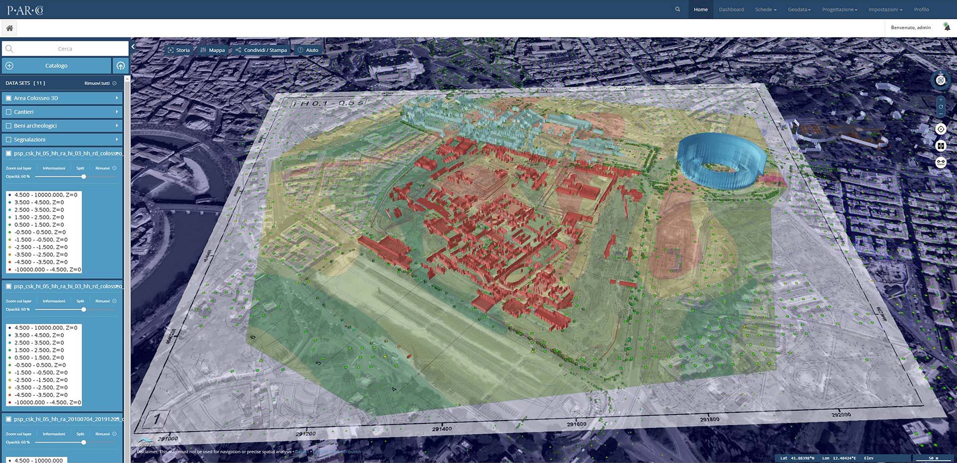 Vue du parc archéologique du Colisée à Rome prise par le satellite italien ASI, Cosmo-SkyMed. Les données satellitaires sont utilisées pour créer des modèles prédictifs des risques de dommages pour notre patrimoine archéologique et pour planifier les mesures d'entretien et de conservation de manière préventive.