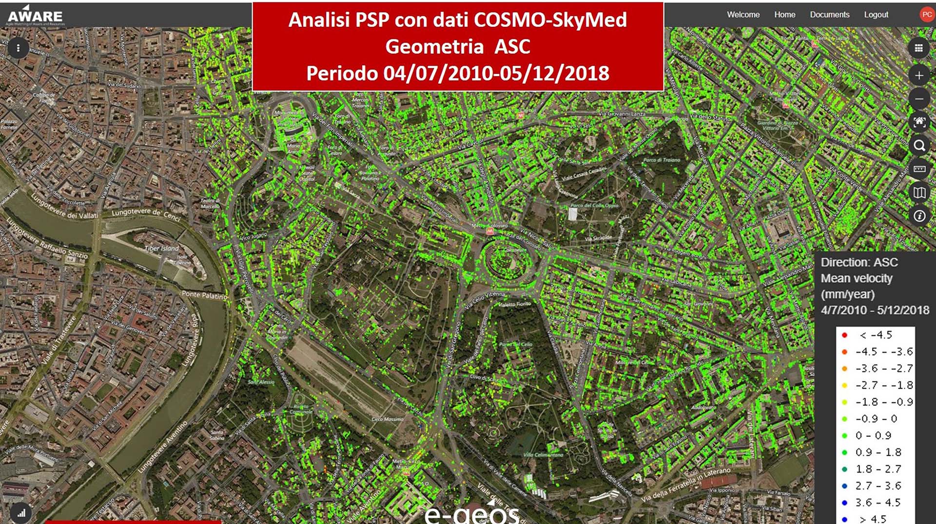 Vue du parc archéologique du Colisée à Rome prise par le satellite italien ASI, Cosmo-SkyMed. Les données satellitaires sont utilisées pour créer des modèles prédictifs des risques de dommages pour notre patrimoine archéologique et pour planifier les mesures d'entretien et de conservation de manière préventive.