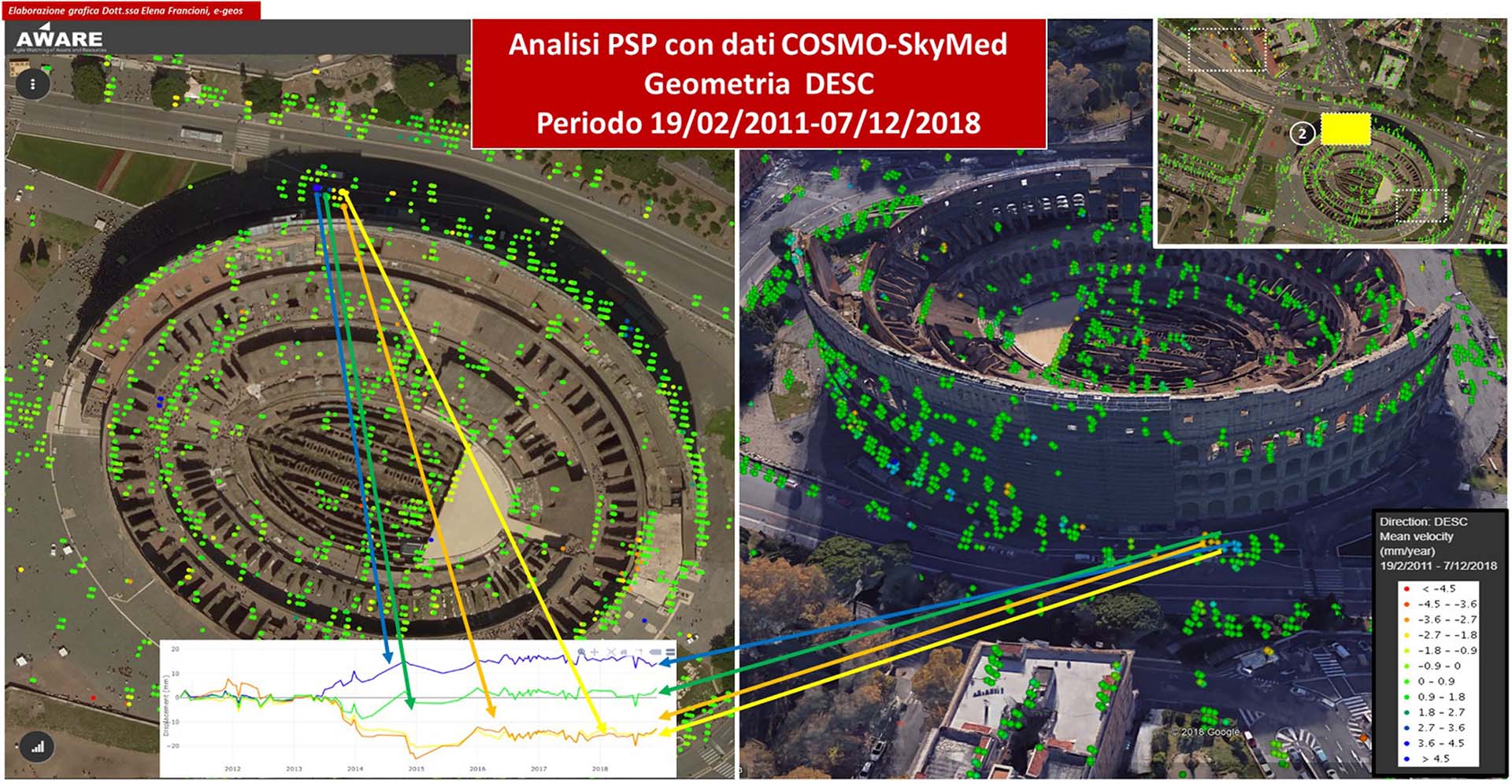 Vue du parc archéologique du Colisée à Rome prise par le satellite italien ASI, Cosmo-SkyMed. Les données satellitaires sont utilisées pour créer des modèles prédictifs des risques de dommages pour notre patrimoine archéologique et pour planifier les mesures d'entretien et de conservation de manière préventive.
