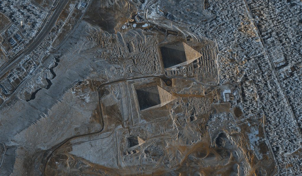View of the pyramids of Giza in Cairo, Egypt taken by the Italian ASI satellite, Cosmo-SkyMed. Satellite data is used to create predictive models of damage risk for our archaeological heritage and to plan maintenance and preventative conservation measures.