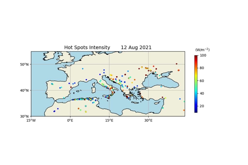 All fires are identified in SEVIRI/MSG satellite observations on 12th Aug 2021. The colors refer the fire intensity, which is linearly related with combustion rates and, therefore, emission of gases and particulate matter to the atmosphere.