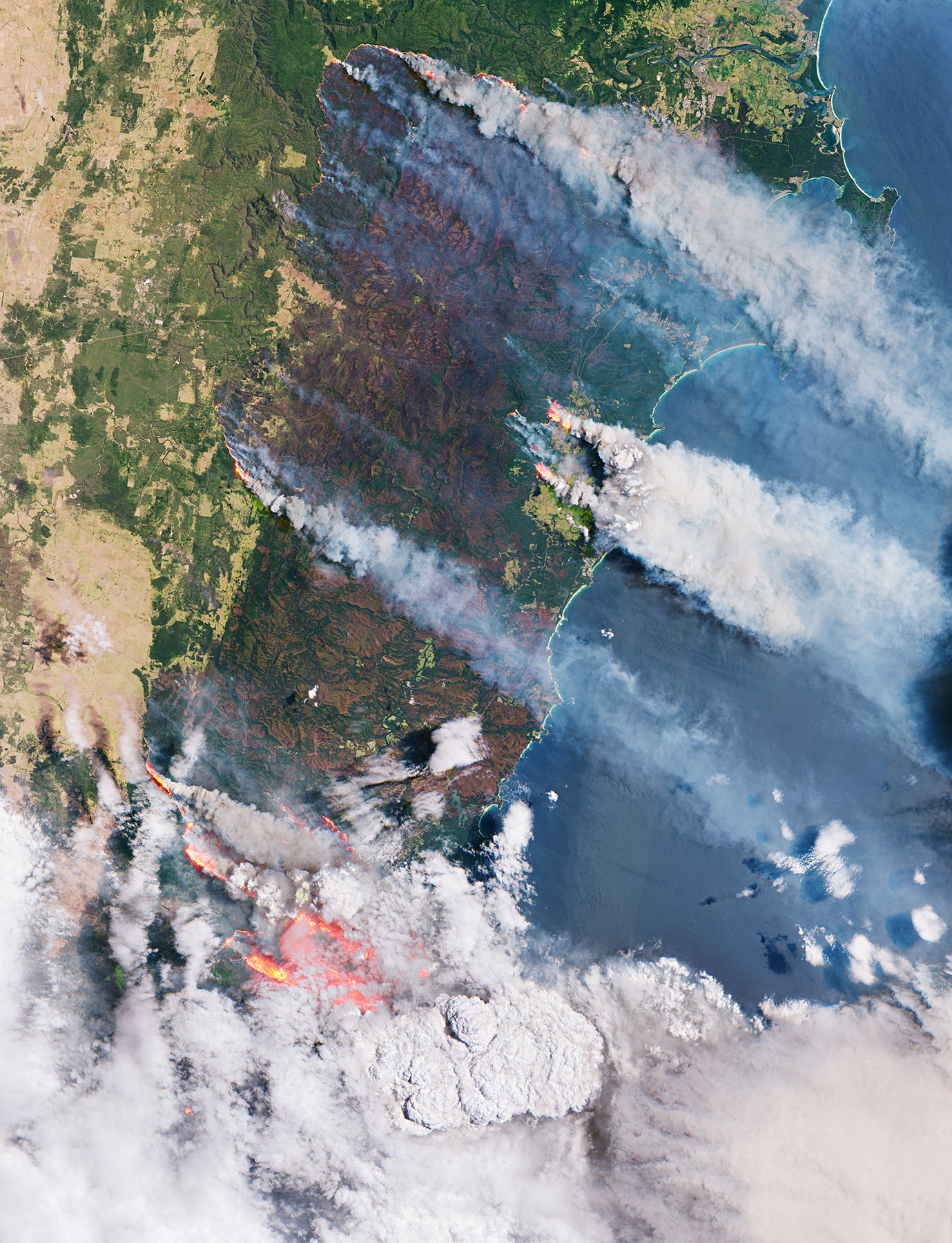 Bushfires in Australia captured in 2019 by Copernicus satellite Sentinel-2. Wildfires release gases and aerosols to the atmosphere that can cause serious health risks. Satellite data can be used to monitoring fire activity and fire emissions.
